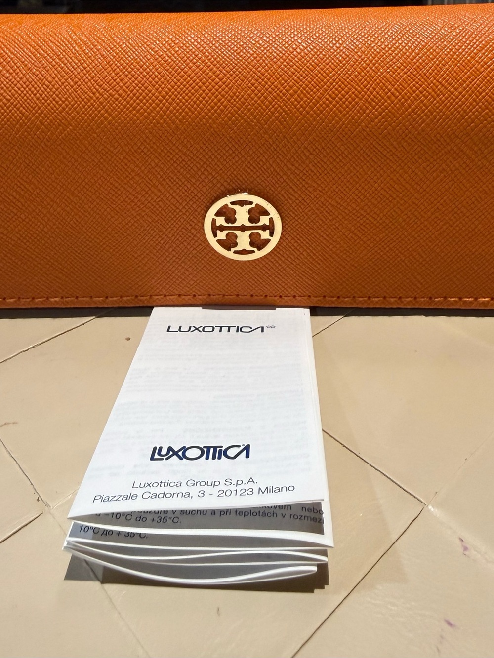 Tory Burch Orange Saffiano Folded  Sunglass case with Gold Logo